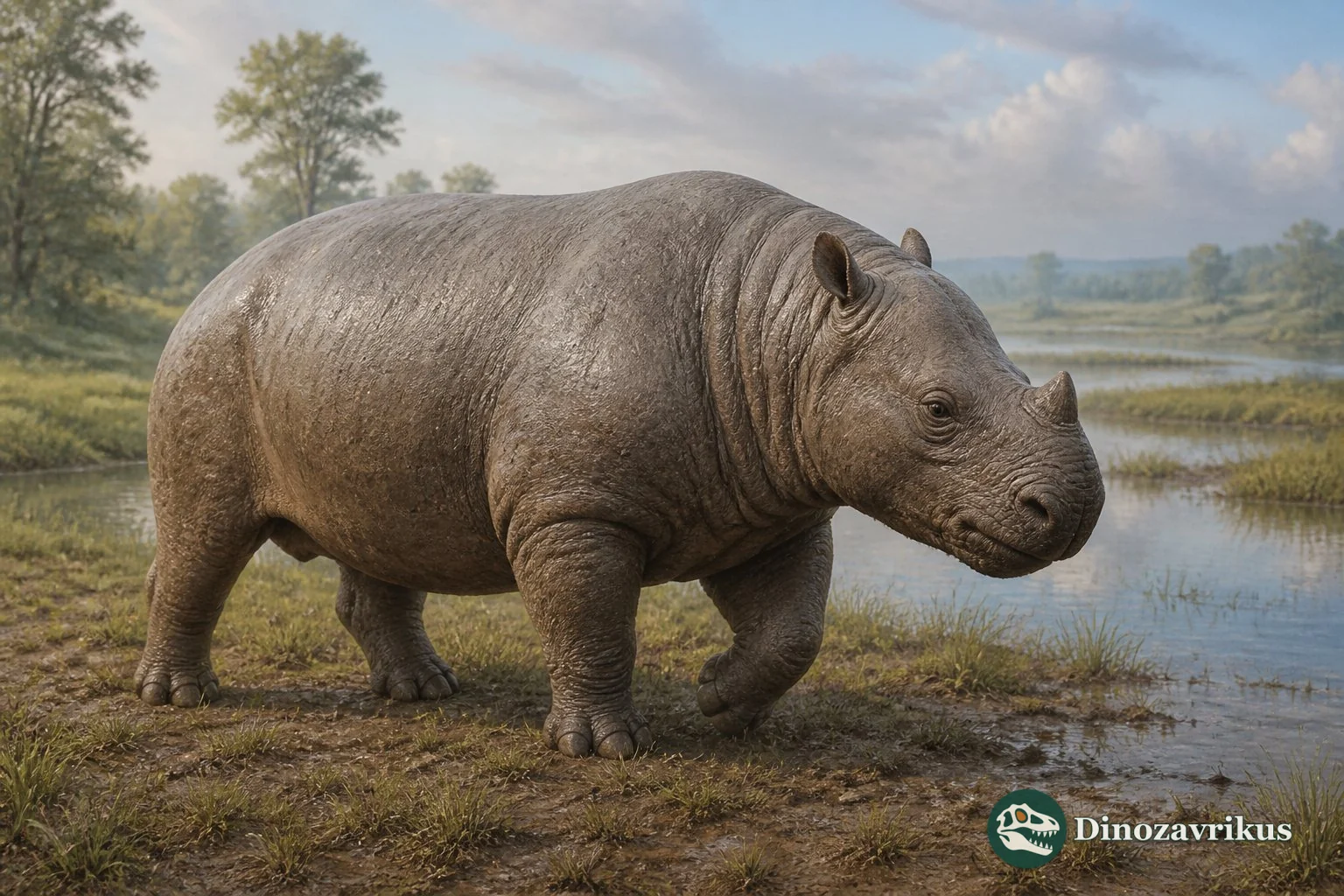Teleoceras major reconstructed on a Miocene floodplain in Nebraska
