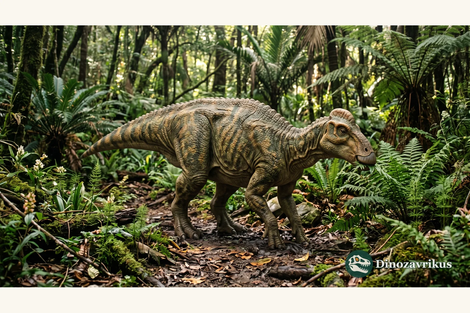 Scientific reconstruction of Telmatosaurus transsylvanicus on a Late Cretaceous Hațeg floodplain