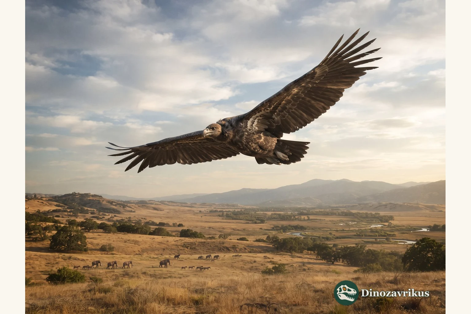 Teratornis gliding over a Pleistocene California valley