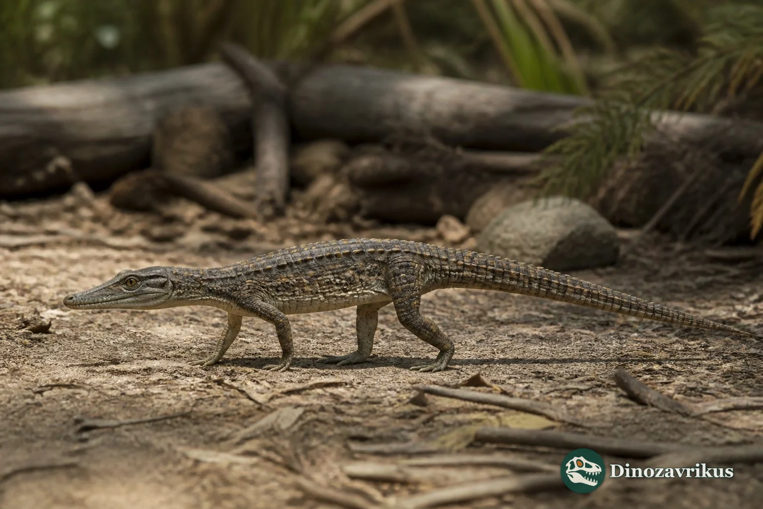 Terrestrisuchus reconstructed as a small four-legged animal in a Late Triassic woodland