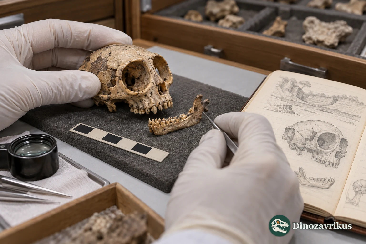 Illustrative museum study scene with a small primate skull and jaw