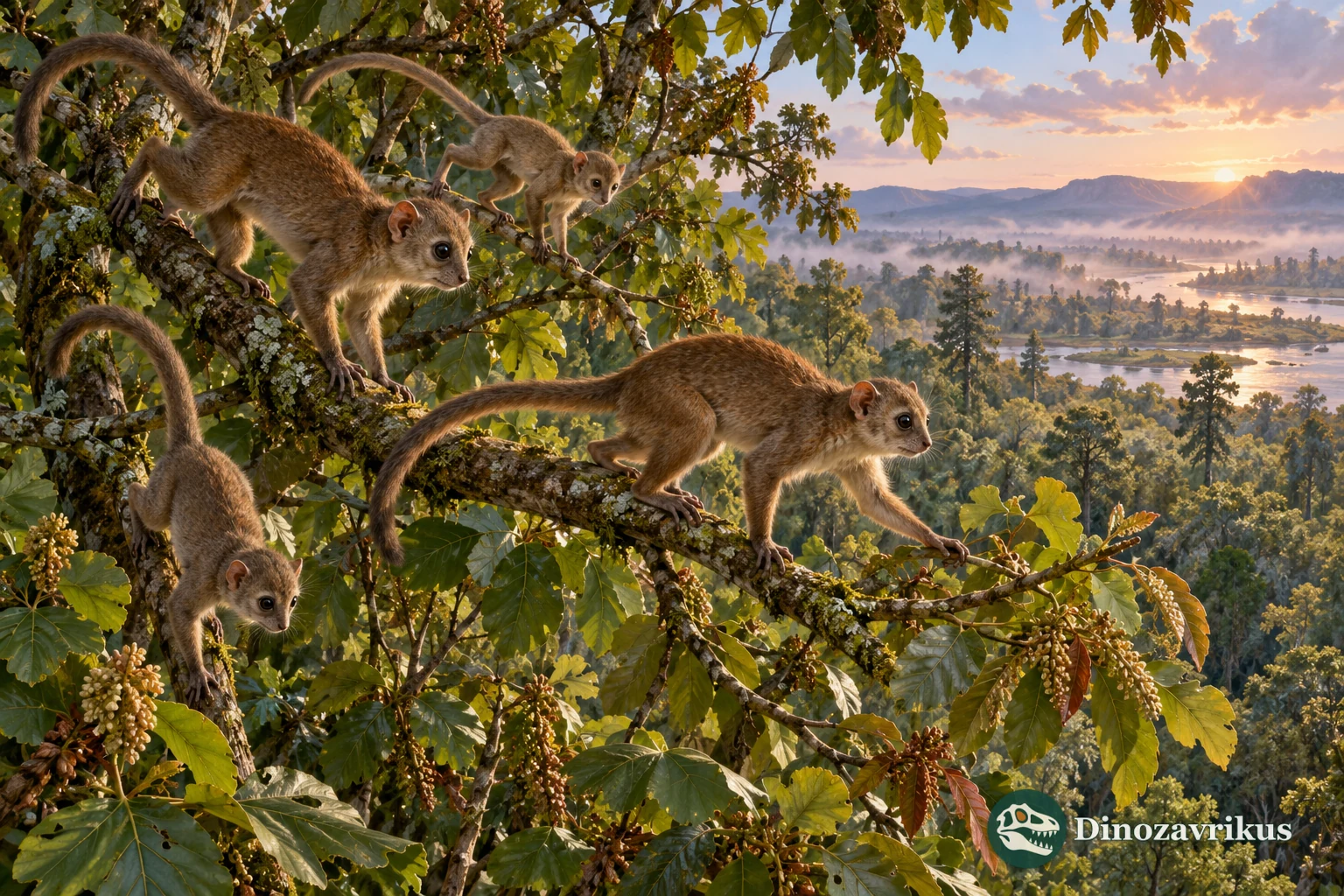 Artistic reconstruction of small early Eocene primates in a Wyoming forest canopy