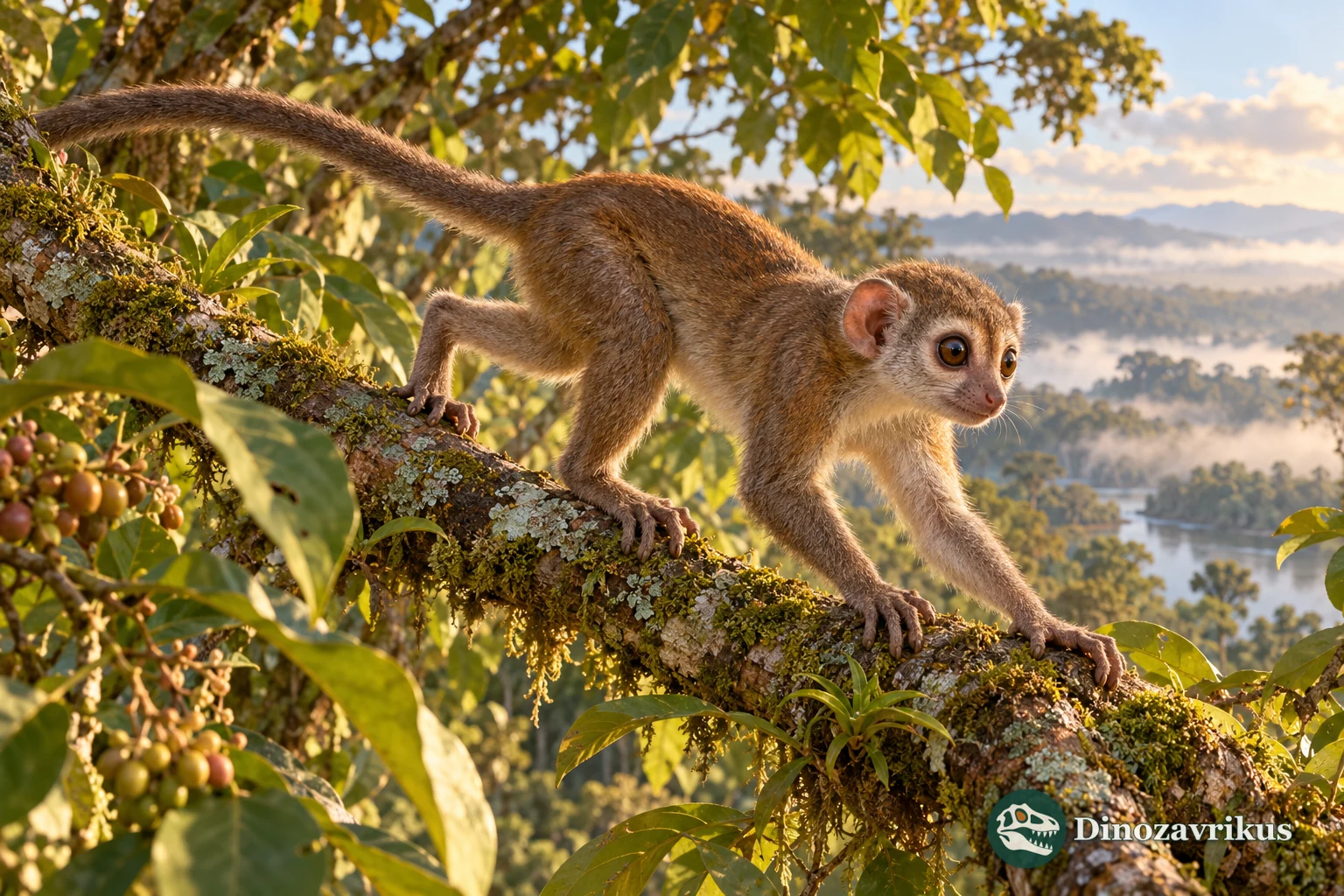 Illustrative reconstruction of a small Tetonius primate moving along a branch in an early Eocene forest