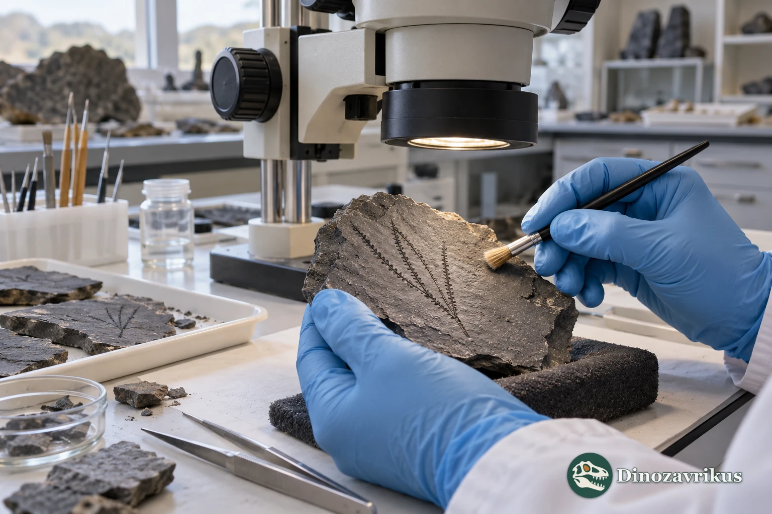 Illustration of laboratory examination of a graptolite shale fragment