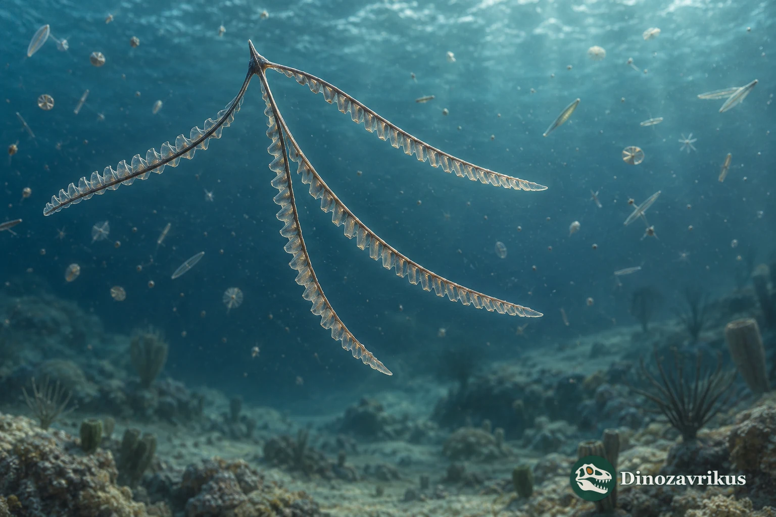 Artistic reconstruction of a four-branched Tetragraptus colony in Ordovician seawater
