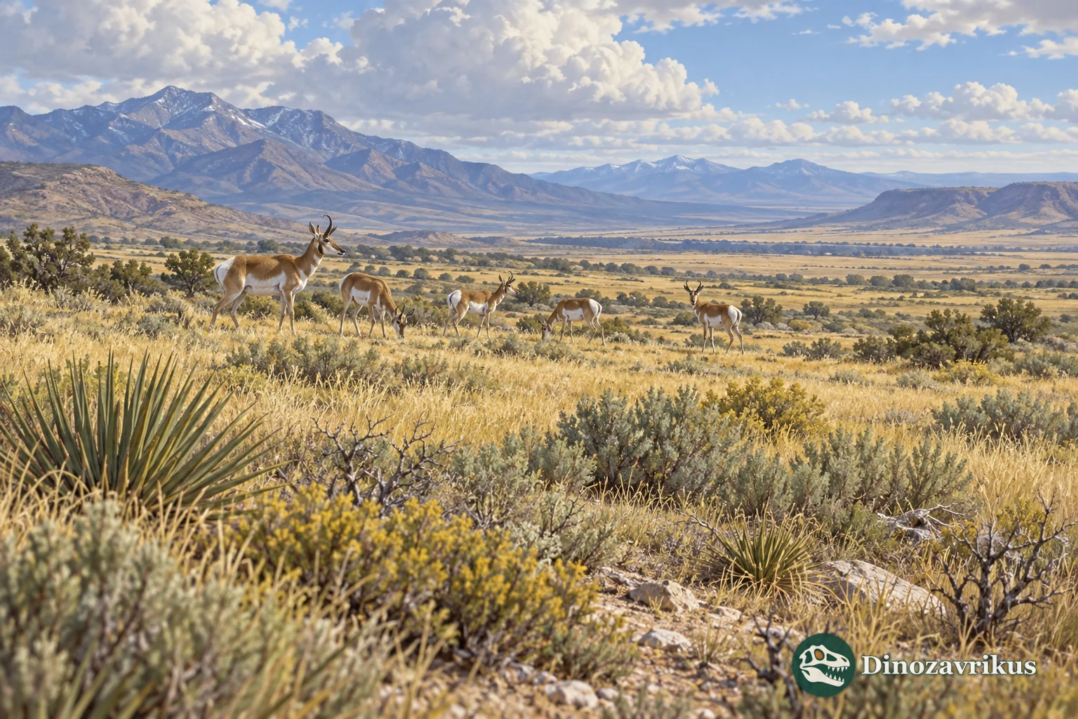 Illustrative open North American landscape with several pronghorn relatives
