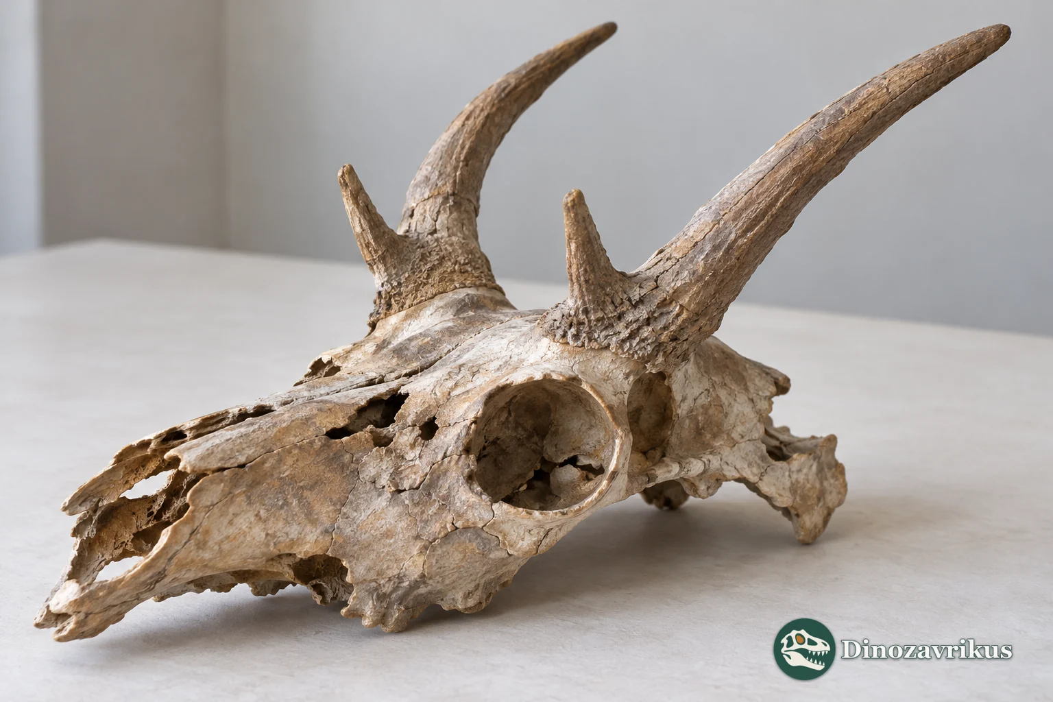 Illustrative fossil pronghorn skull with longer rear and shorter front horn branches
