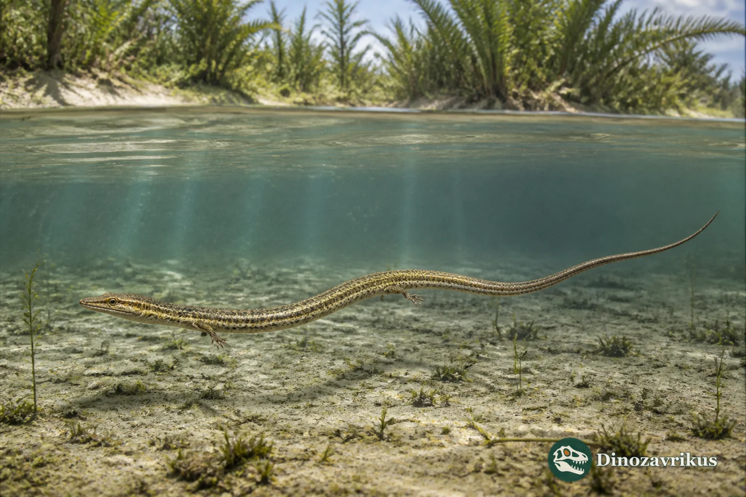 Tetrapodophis swimming in an Early Cretaceous lagoon in Brazil