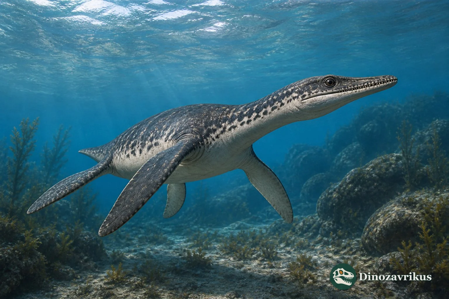 Thalassiodracon hawkinsi swimming in the shallow sea near Early Jurassic Street