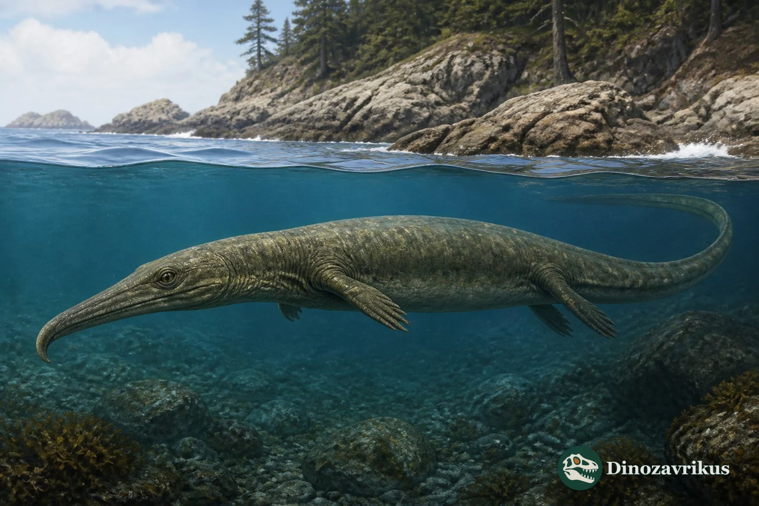 Thalattosaurus alexandrae moving through a shallow Carnian sea in California