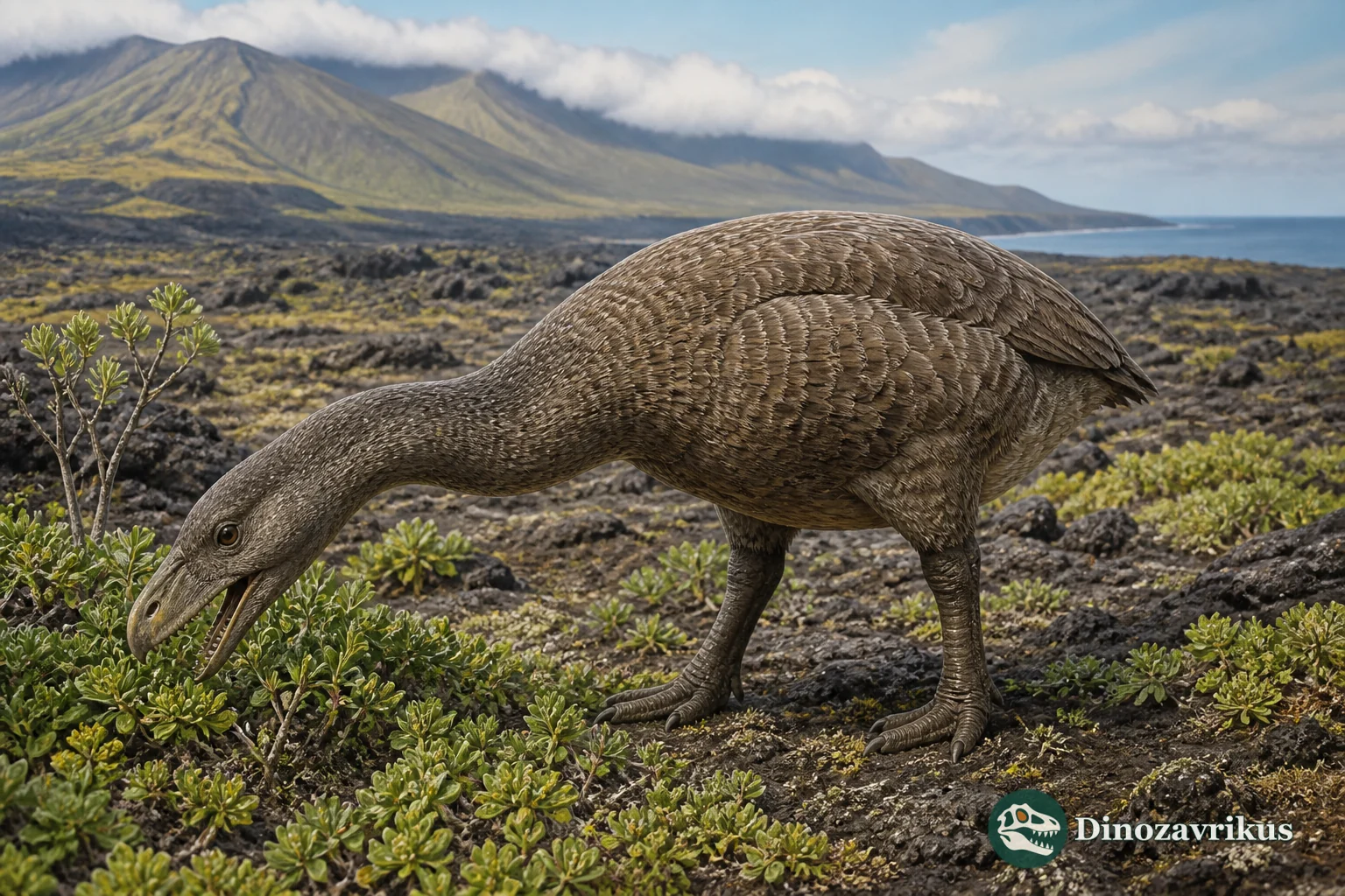A flightless Thambetochen moa-nalo browsing on a Hawaiian island