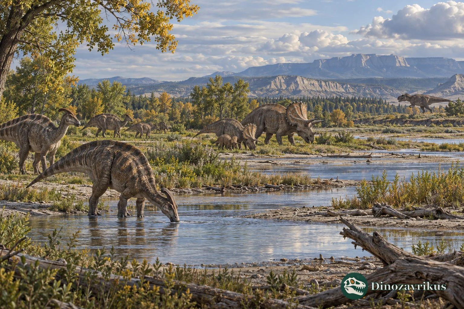 Illustrative Late Cretaceous dinosaurs in an ordinary floodplain ecosystem