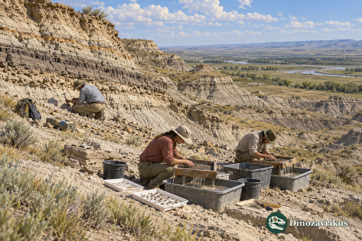 Interpretive scene of sediment washing during Late Cretaceous fossil fieldwork