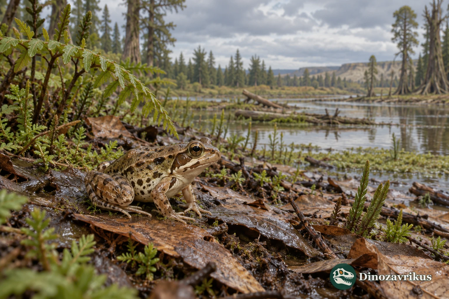 Interpretive reconstruction of a small Late Cretaceous Theatonius frog beside a wetland
