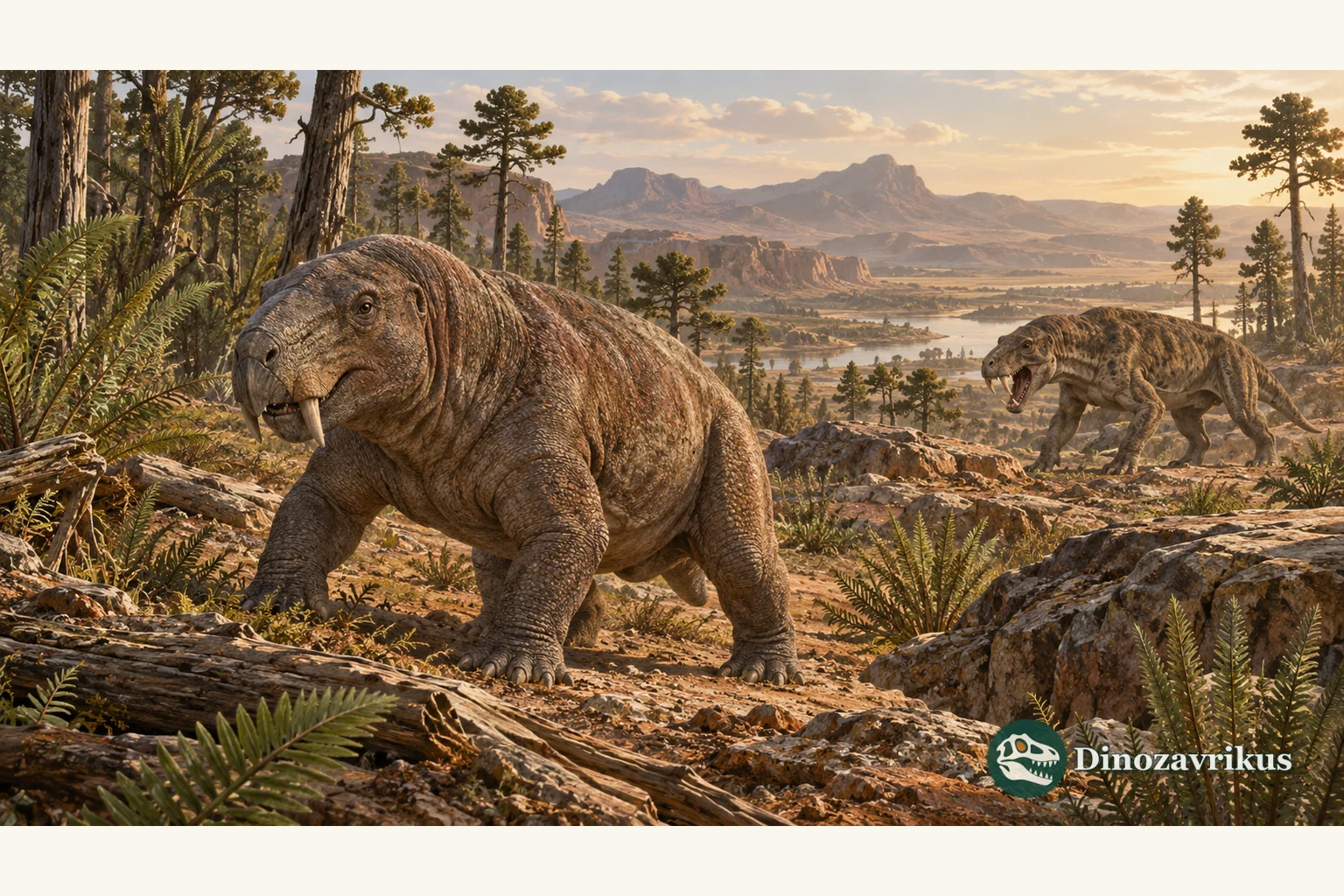 Two Permian therapsids in a reconstructed landscape, showing ecological diversity within the group