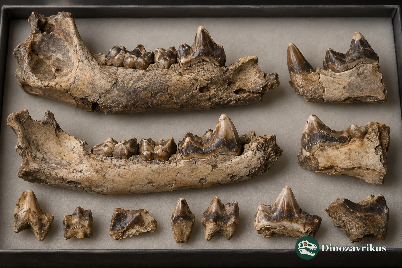 Illustrative fossil canid jaw fragments and carnassials