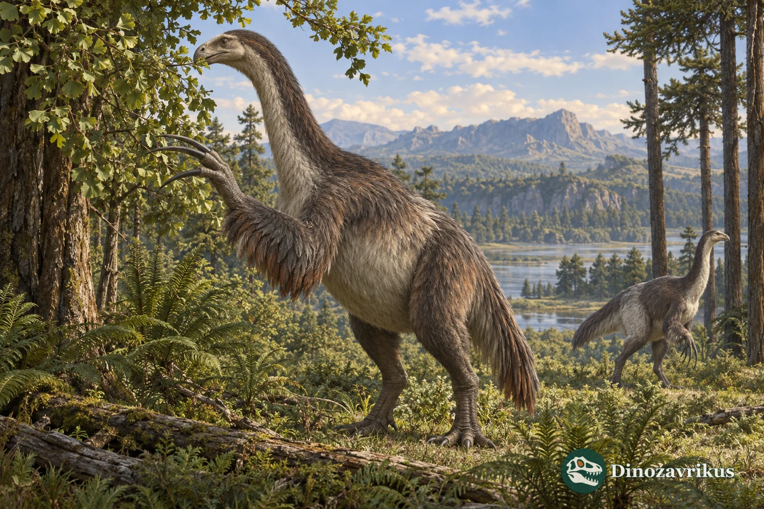A feathered therizinosaur browsing at a Cretaceous forest edge