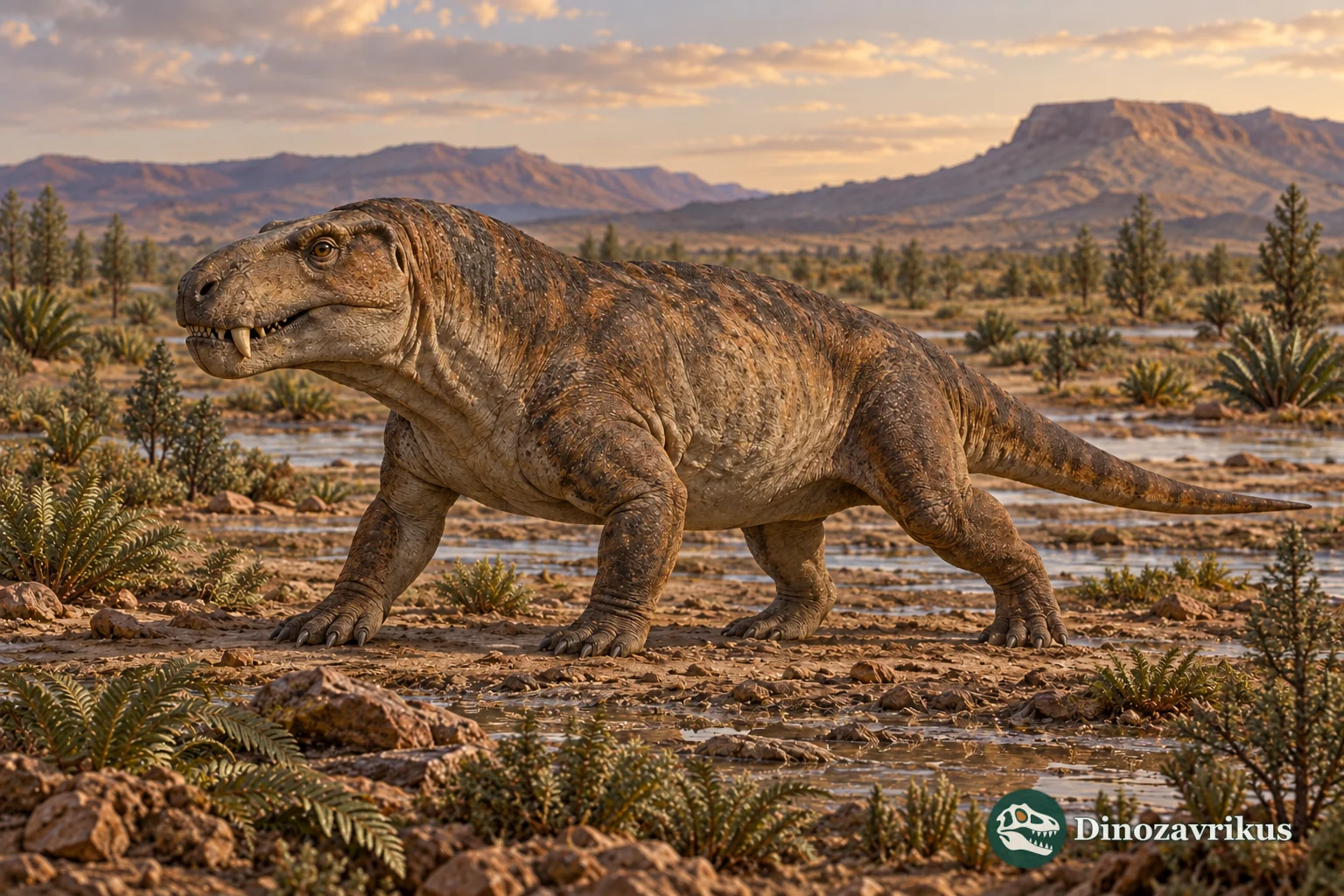 Scientific reconstruction of a therocephalian in a Permian landscape
