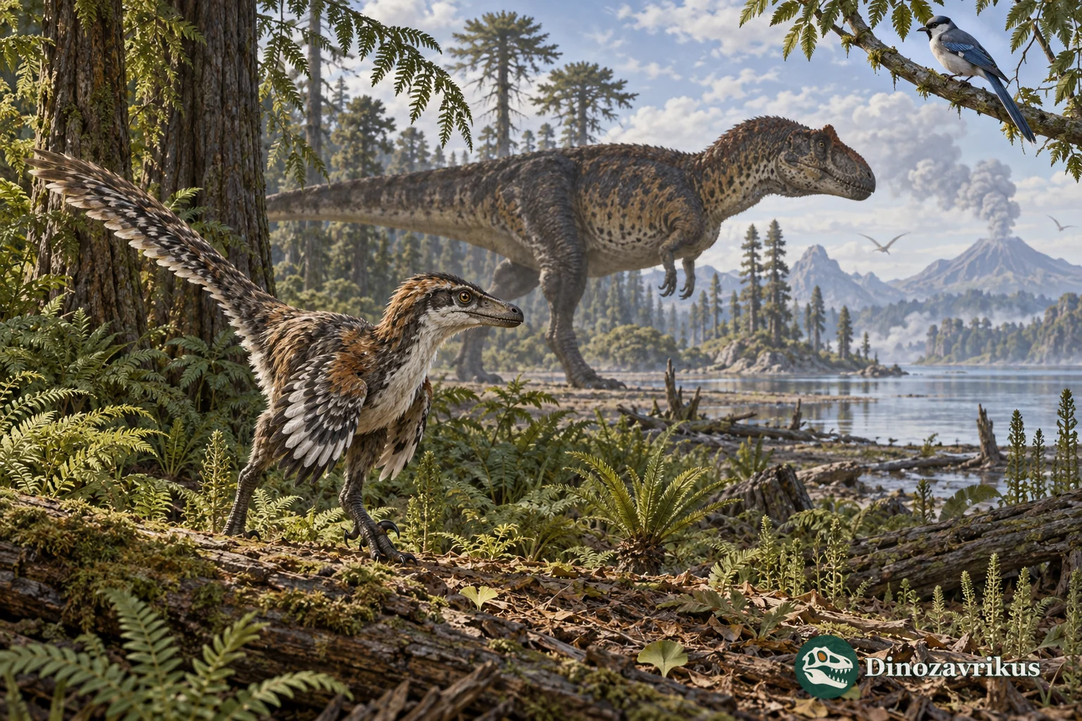 A feathered small theropod and larger dinosaur in a Mesozoic forest, with a modern bird on a branch