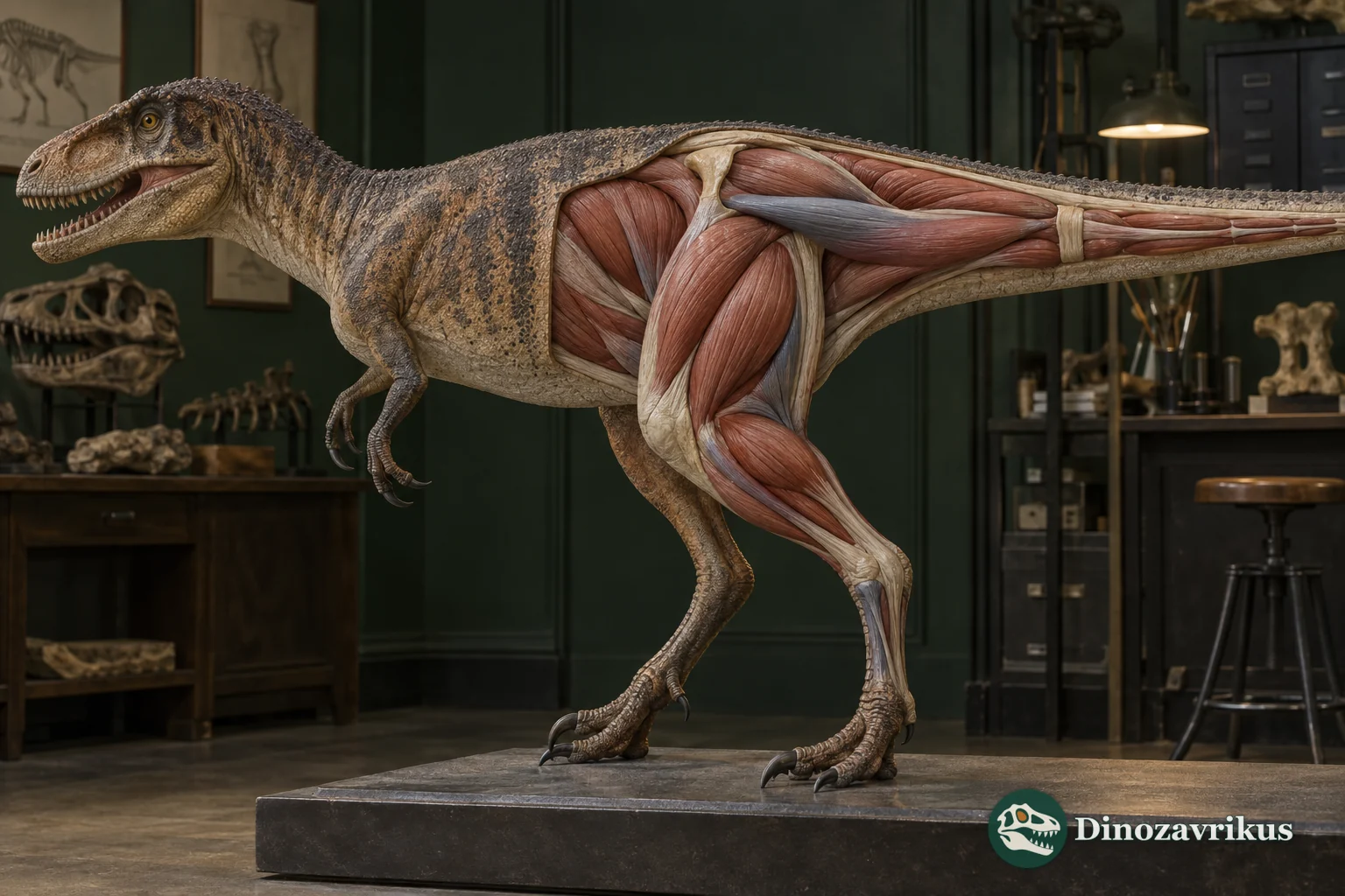 Reconstructed muscles at a theropod pelvis, tail and hind limb