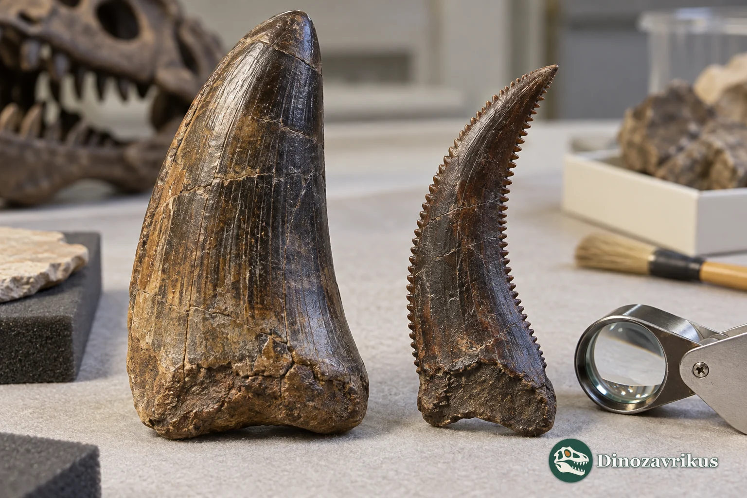 Two fossil theropod teeth showing different crown shapes and serrated edges