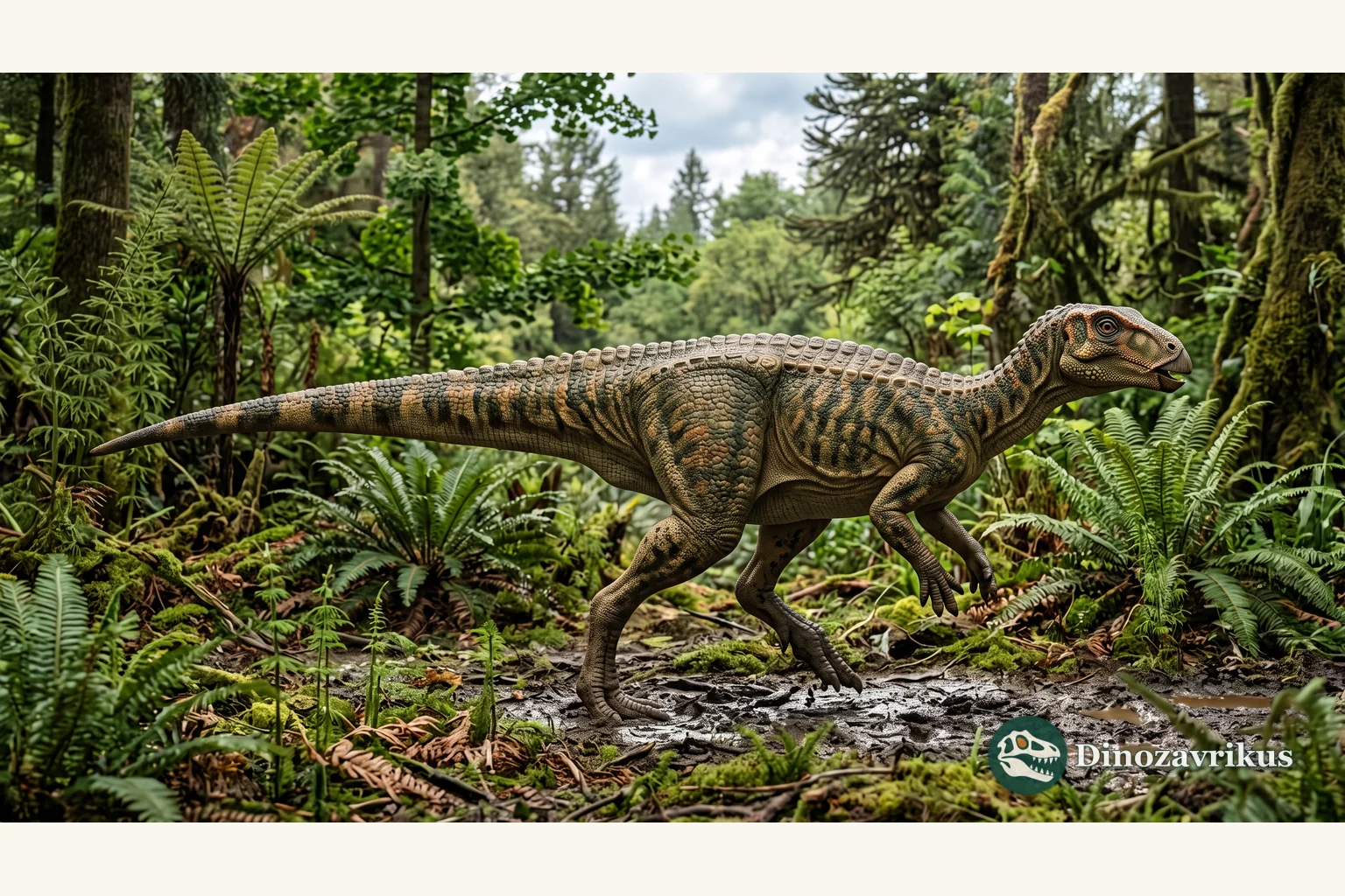 Illustrative Thescelosaurus walking through a Late Cretaceous forest