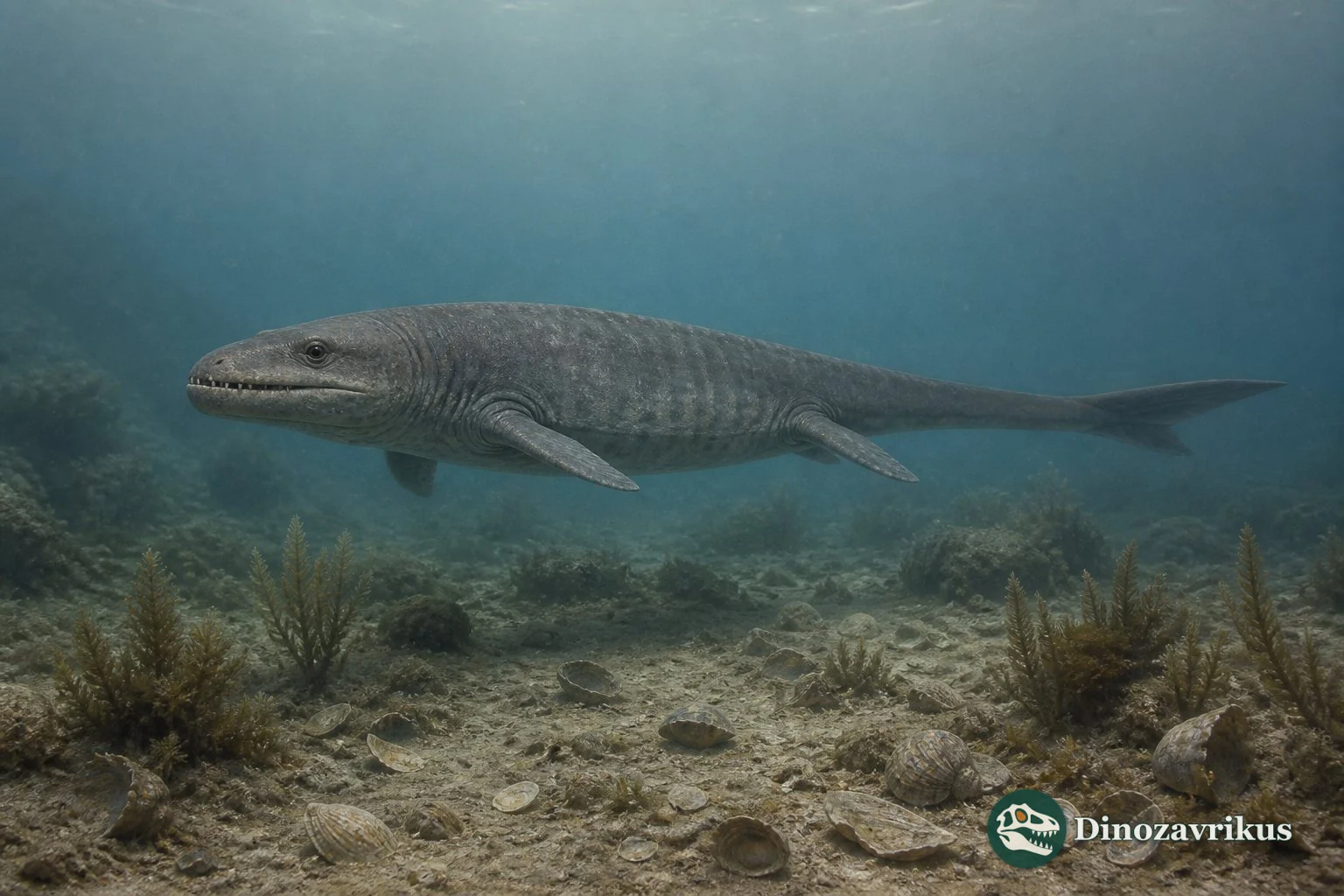 Tholodus swimming over a Middle Triassic Muschelkalk seafloor