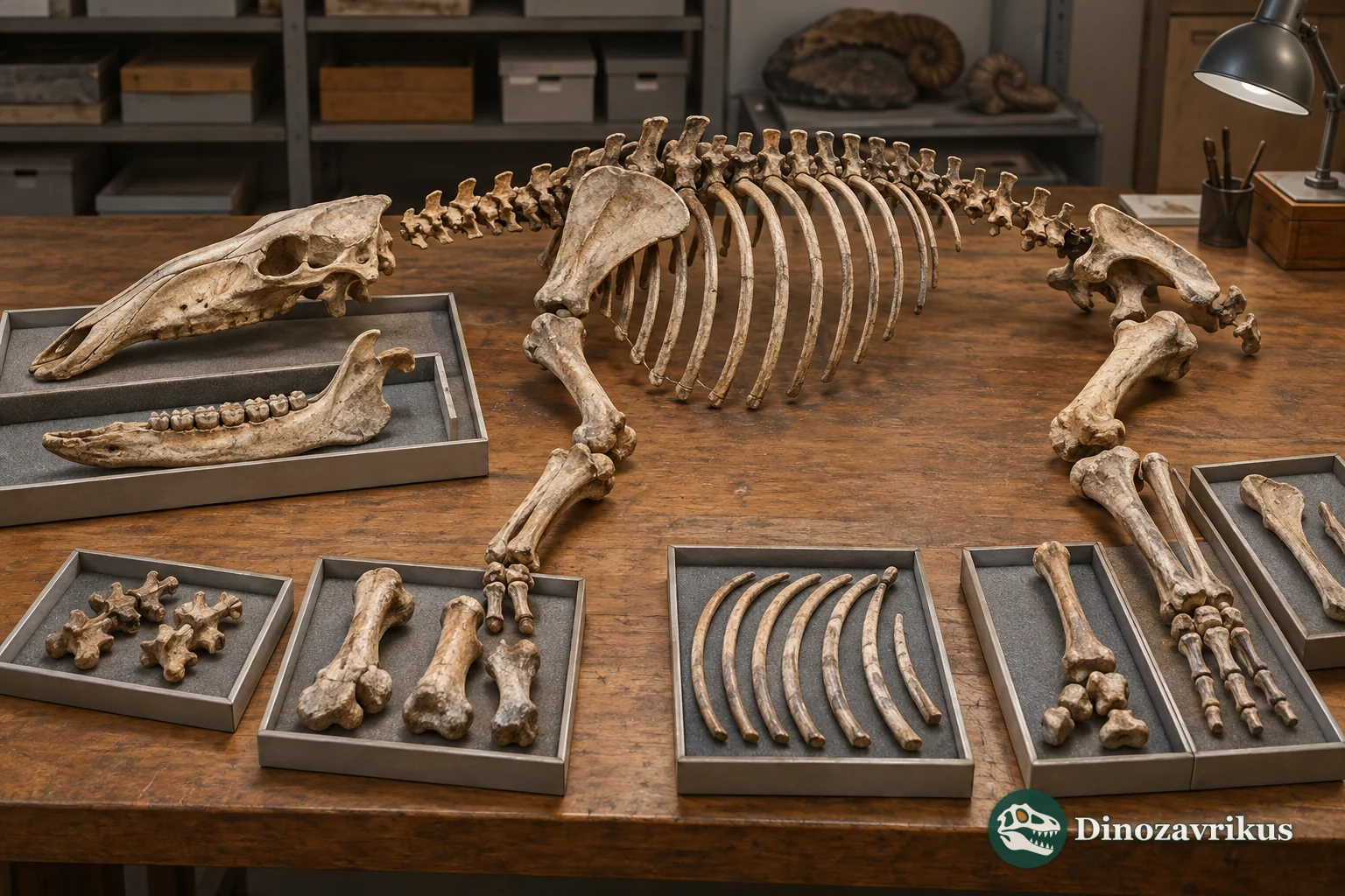 Illustrative museum study of an associated Eocene mammal skull and limb bones