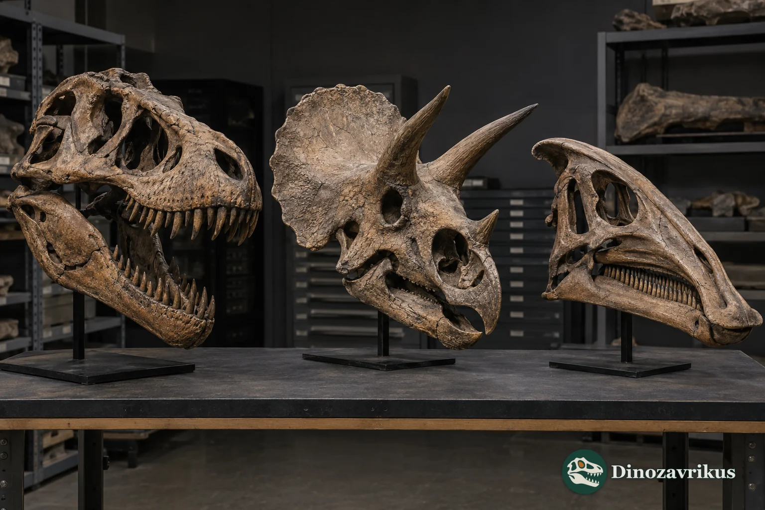 Theropod, ceratopsian and hadrosaur skull plans