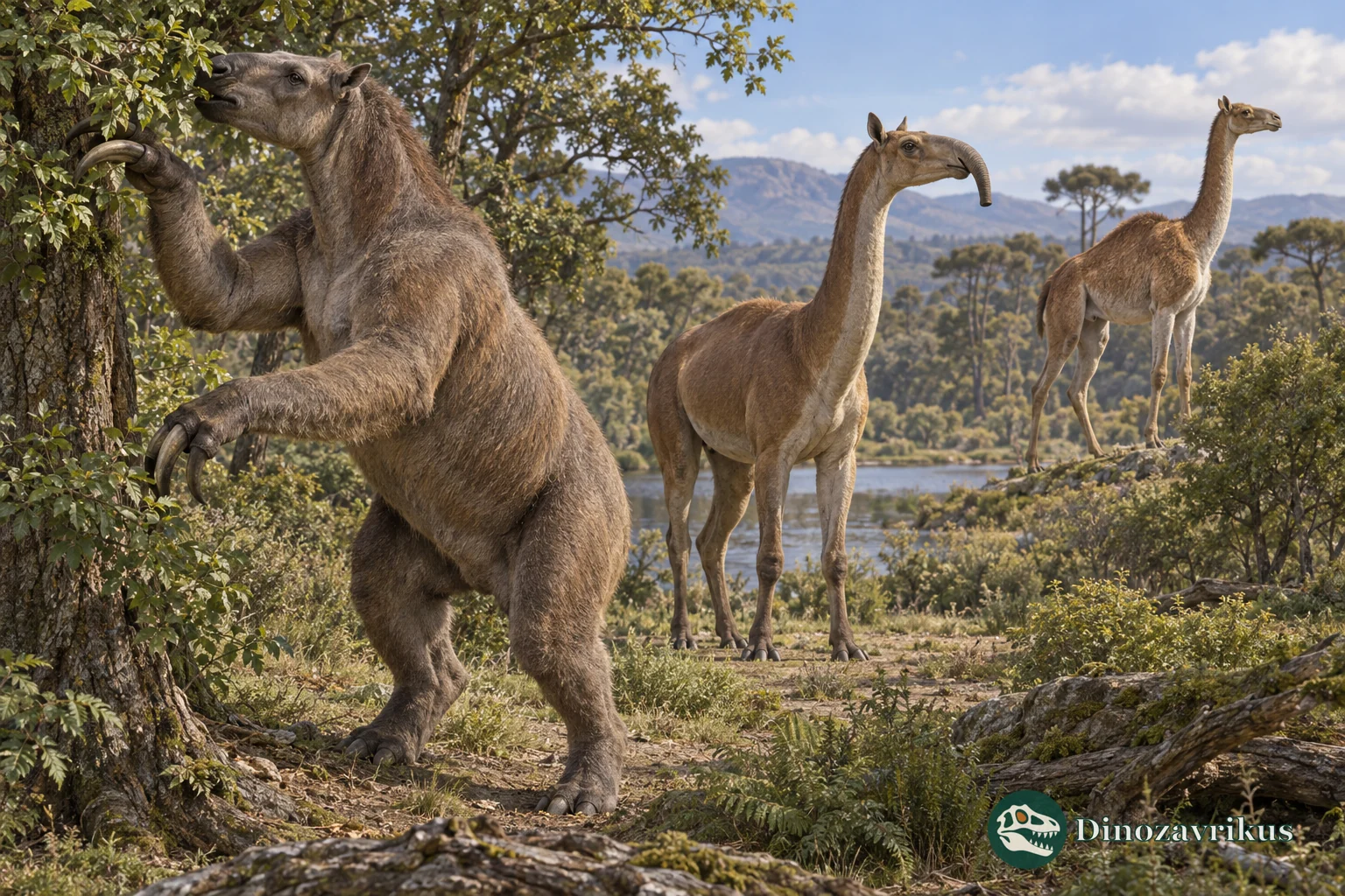Reconstructions of Chalicotherium, Macrauchenia and Aepycamelus in a woodland landscape