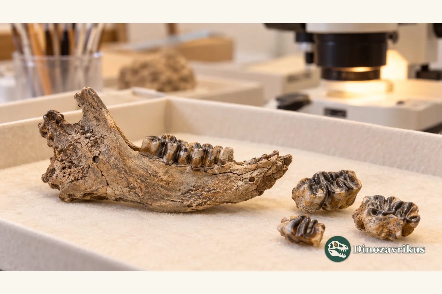 Conceptual illustration of a fossil rodent jaw and cheek teeth