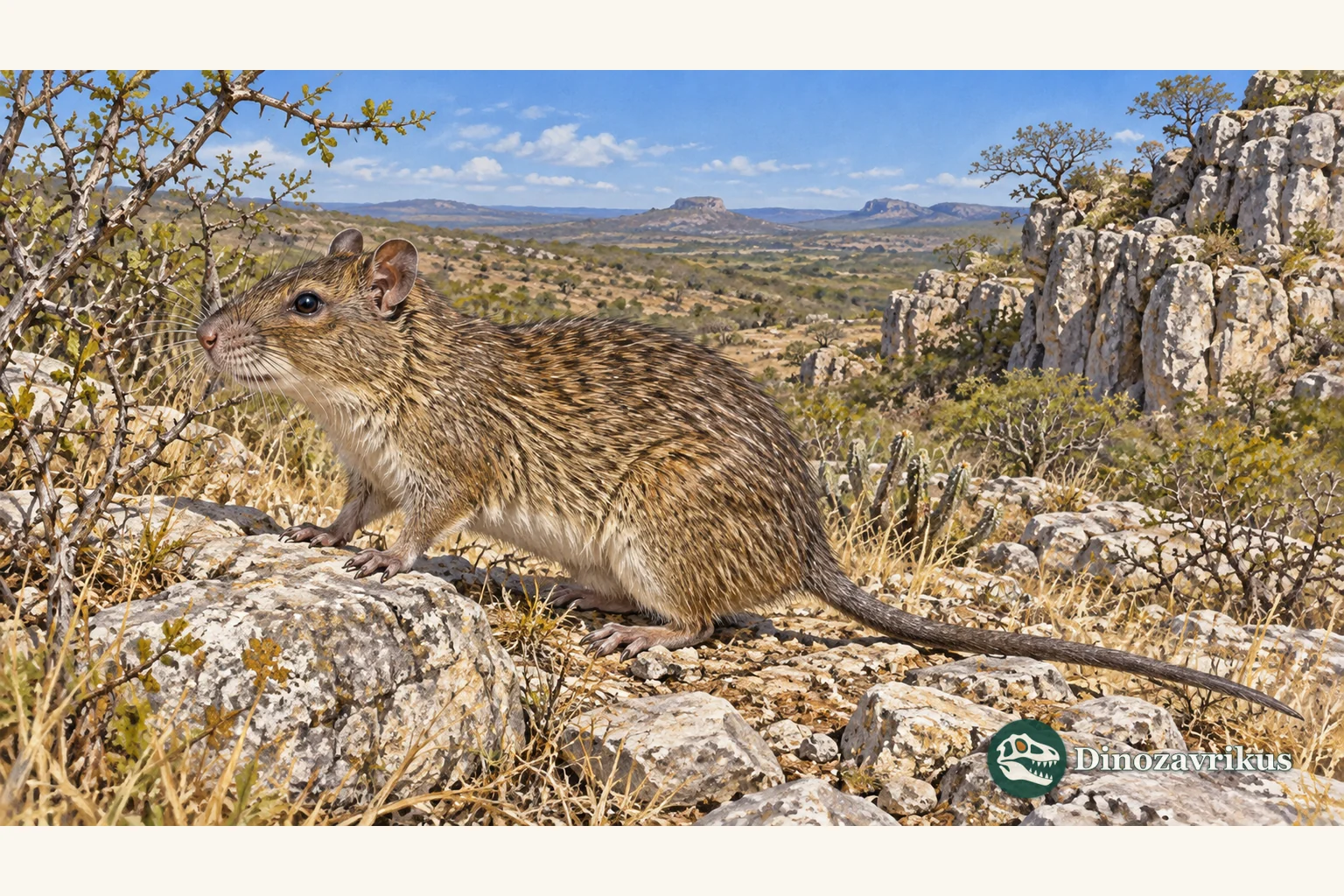 Illustration of a living Thrichomys spiny rat in rocky Brazilian scrub