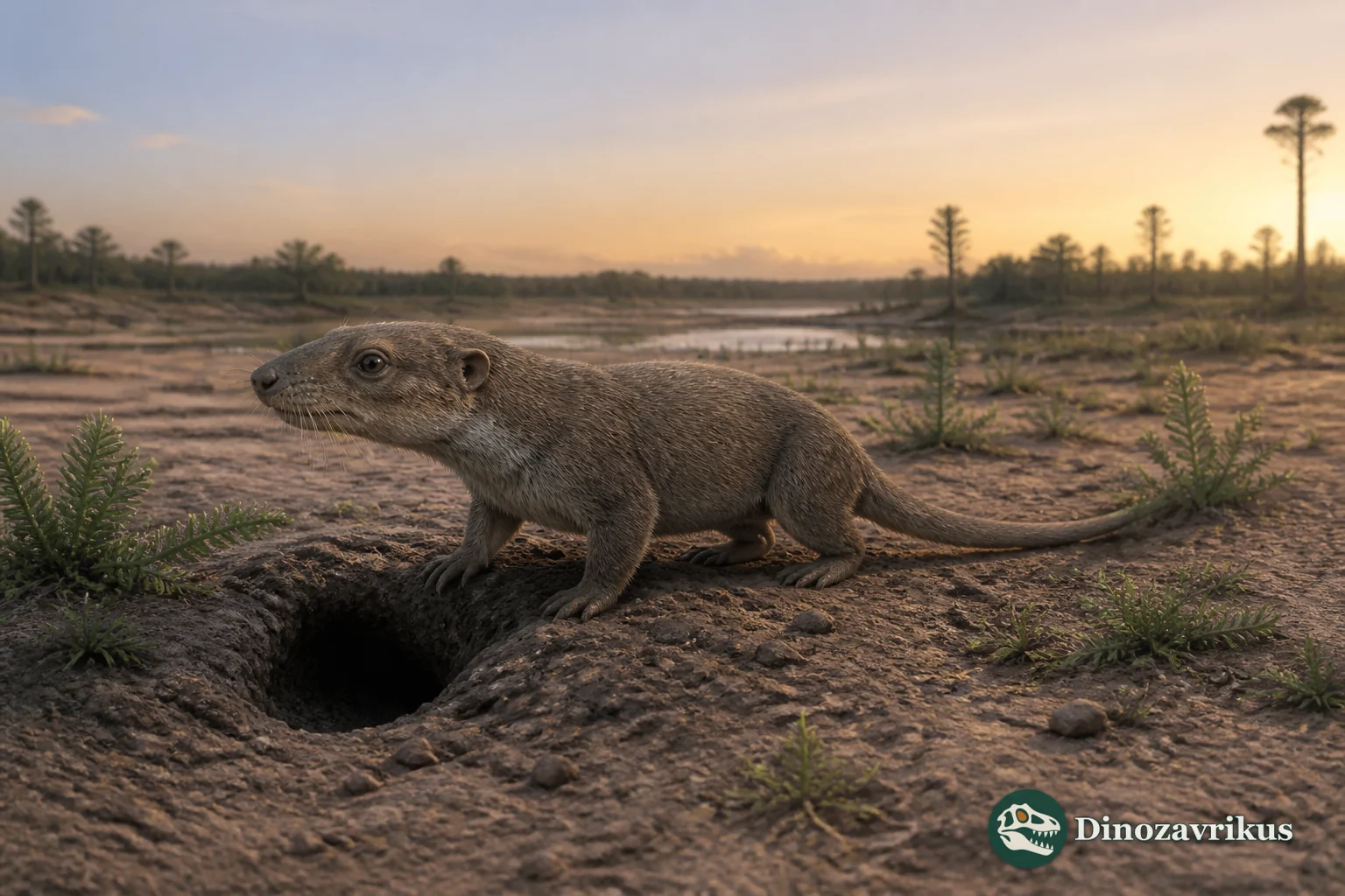 Thrinaxodon reconstructed beside a burrow entrance in an Early Triassic landscape