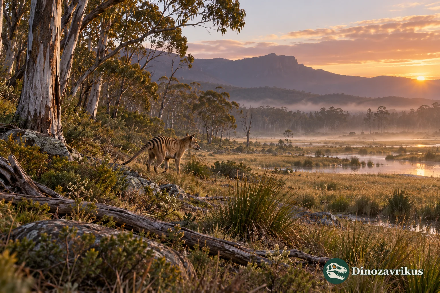 Interpretive thylacine in Tasmanian woodland and wetland