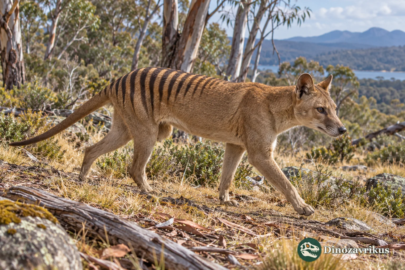 Artistic reconstruction of a striped Tasmanian thylacine in eucalyptus woodland