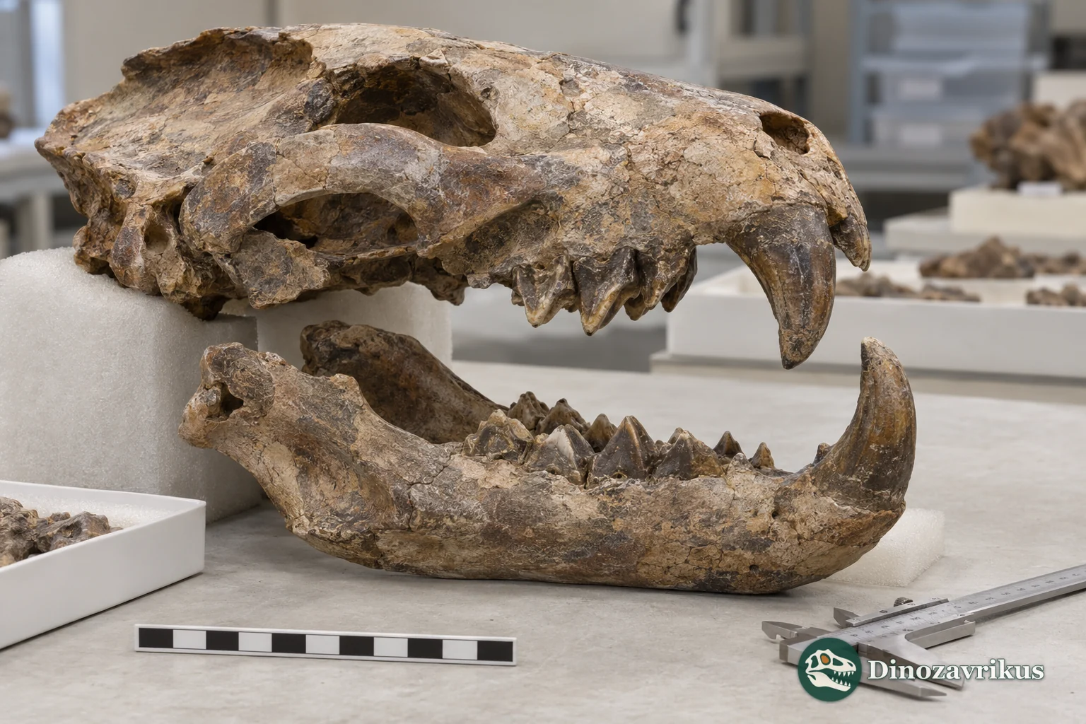 Illustrative research scene with a Thylacoleo skull and jaw