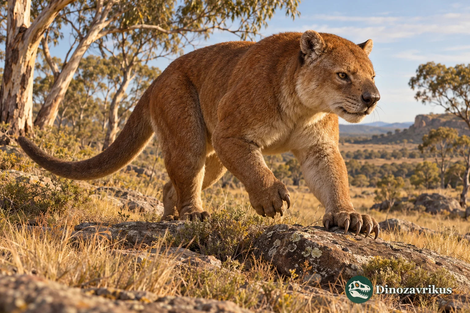 Thylacoleo reconstructed at an open woodland edge in Pleistocene Australia