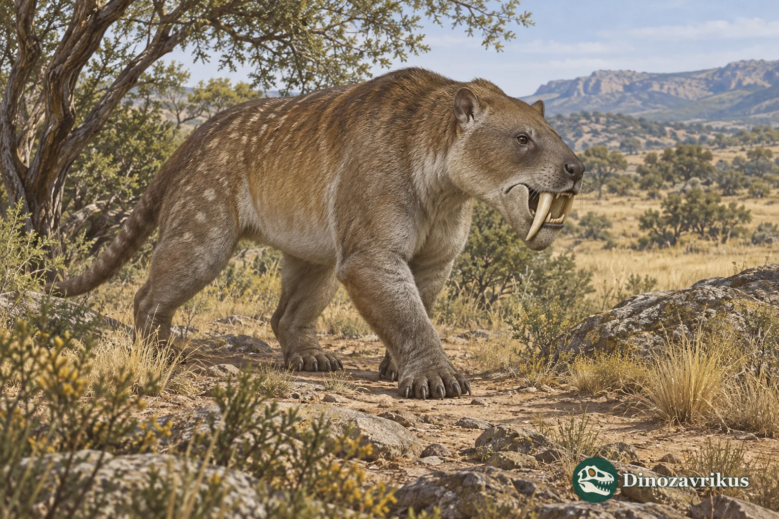 Thylacosmilid metatherian reconstructed in a South American woodland