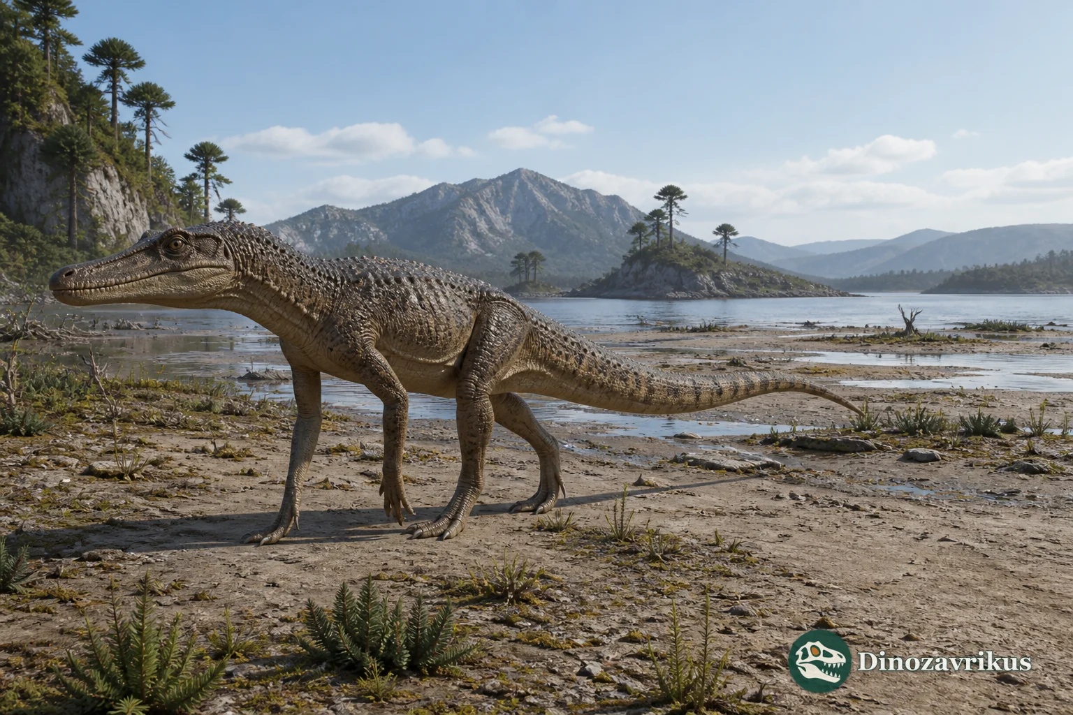 Ticinosuchus reconstructed on the shore of the Middle Triassic Monte San Giorgio basin