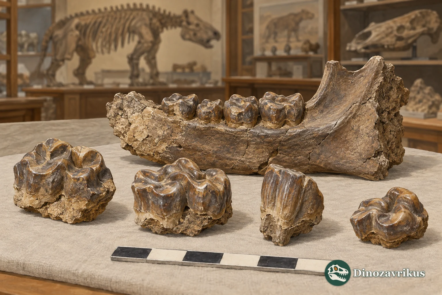 Conceptual museum display of a partial Titanoides jaw and teeth