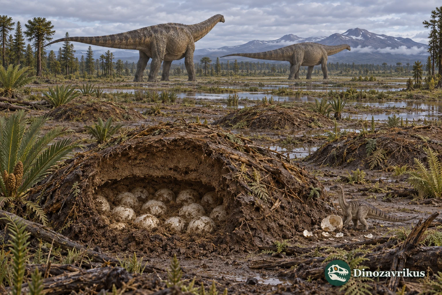 Hypothetical buried titanosaur nest under soil and plant material