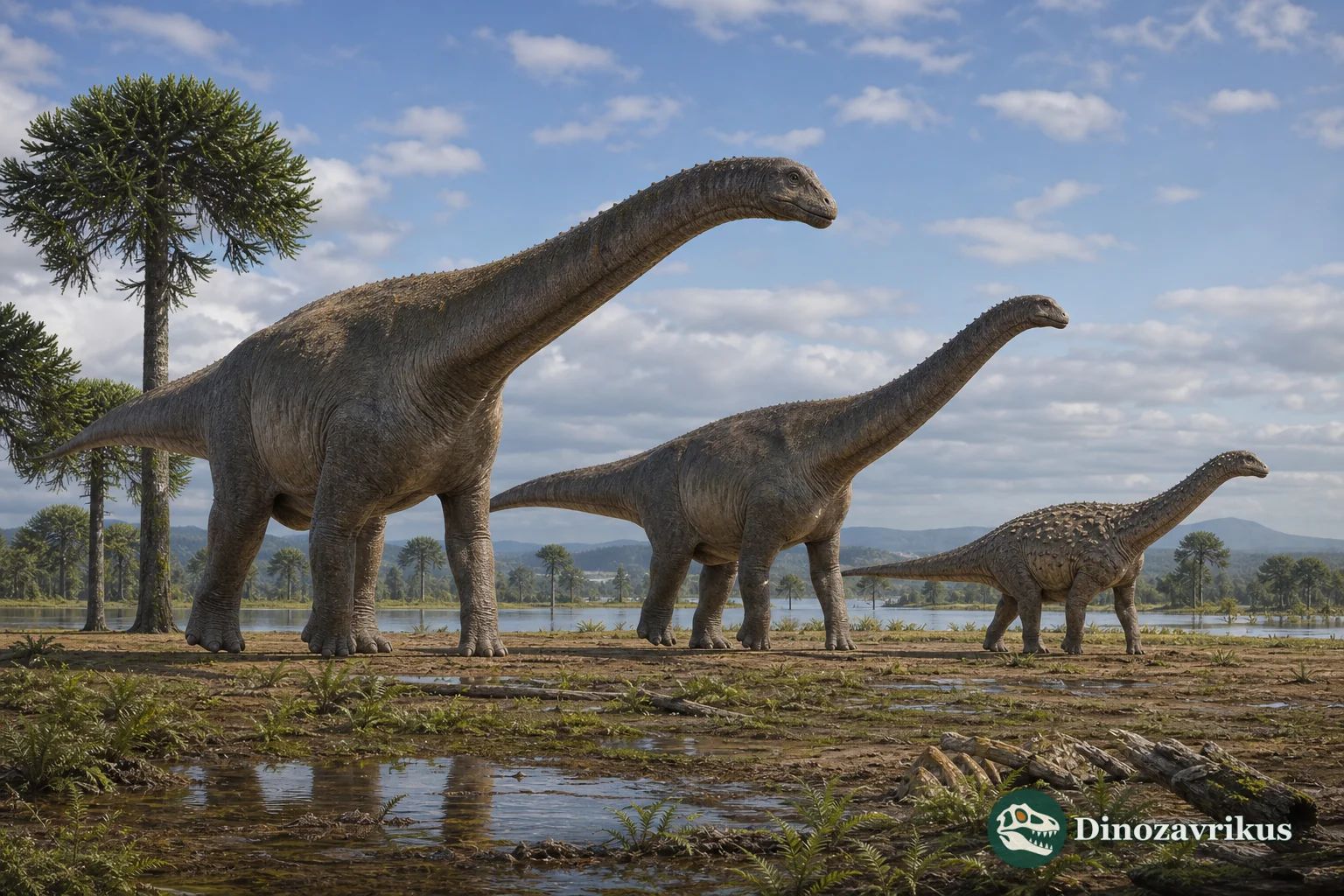Three illustrative titanosaurs of different sizes in a Late Cretaceous landscape