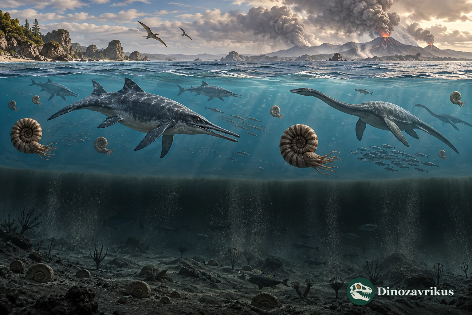 Jurassic marine reptiles and ammonites above a dark oxygen-poor seafloor beneath distant volcanoes