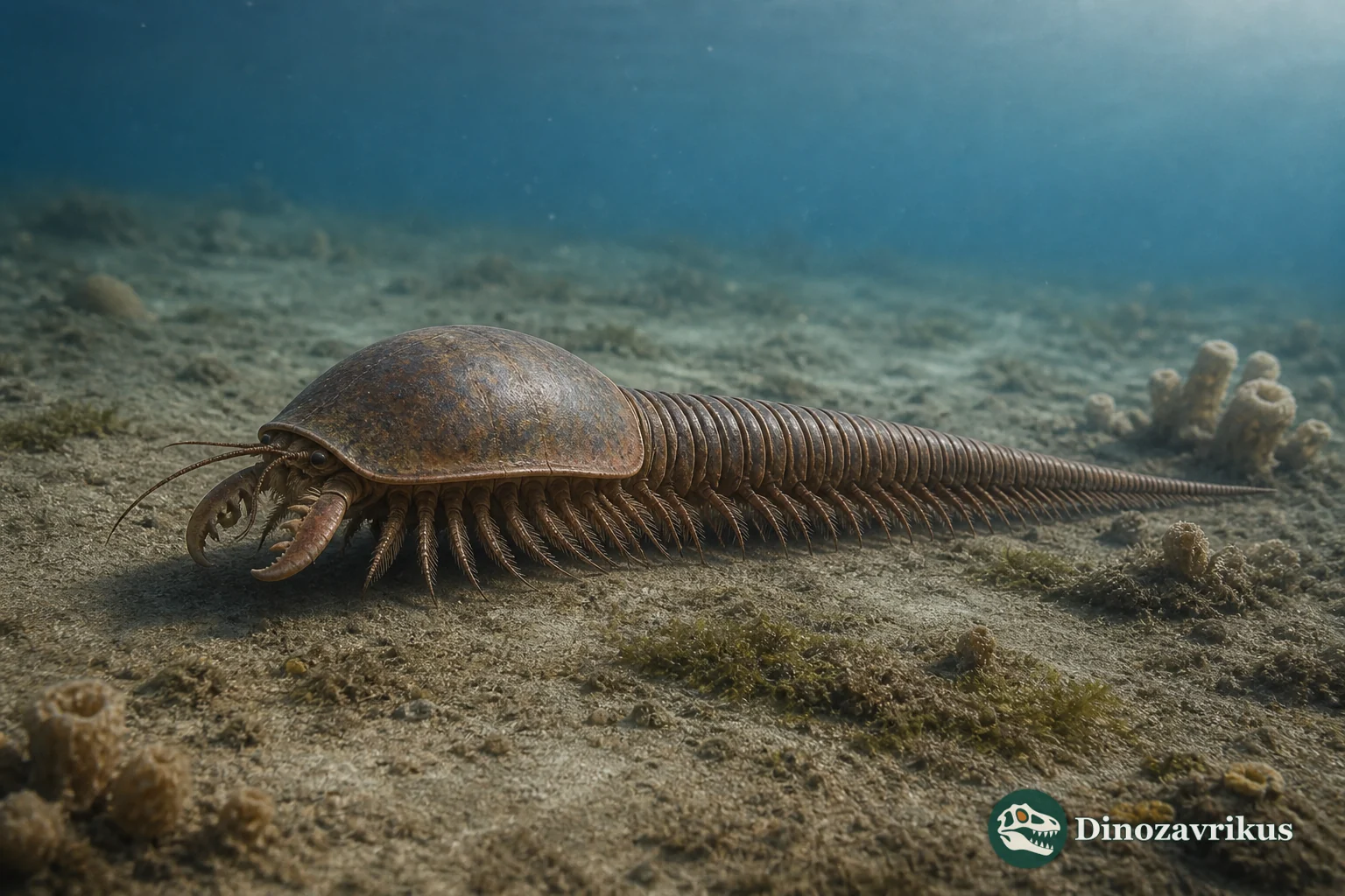 Reconstruction of Tokummia walking along the Cambrian seafloor beneath a bivalved carapace