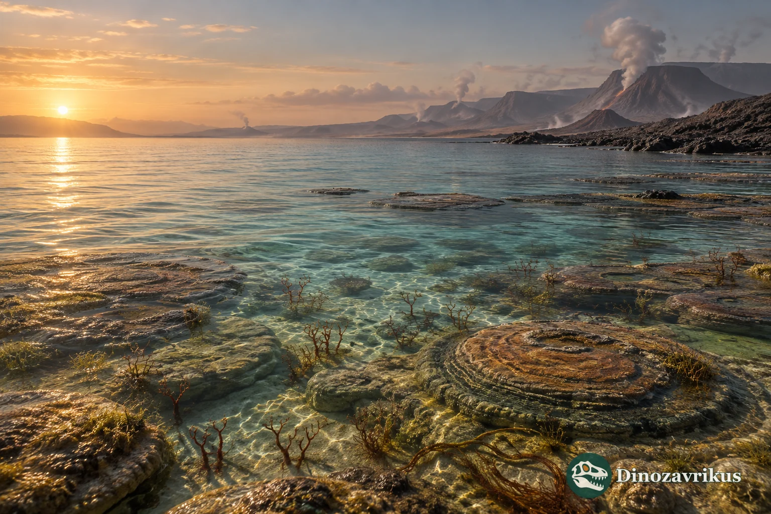 Tonian shallow sea with microbial mats and simple algae