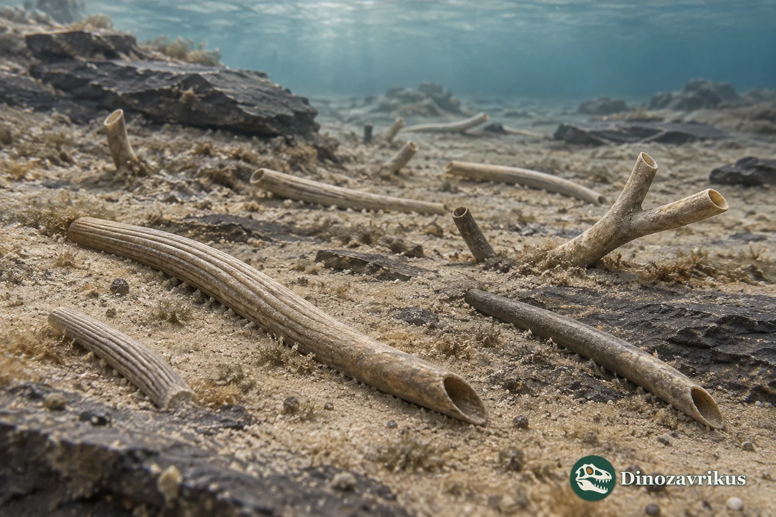 Cautious reconstruction of slender curved Torellella tube fossils on a Cambrian seafloor, with no soft body shown