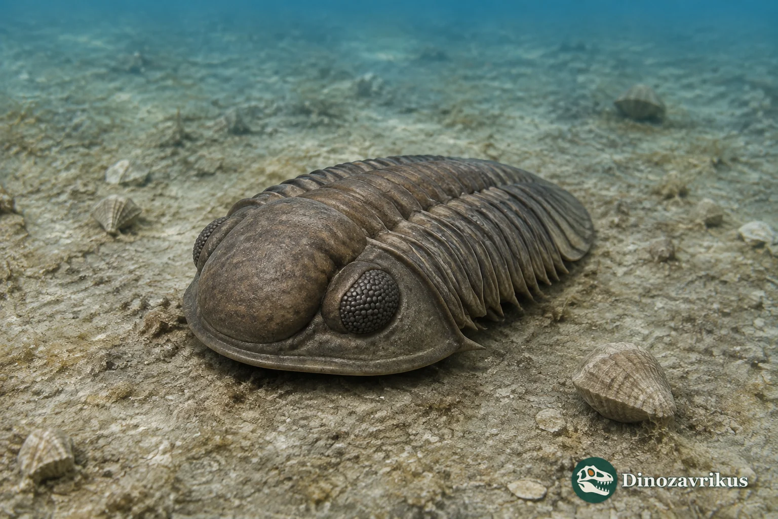 A large-eyed Toxochasmops trilobite on an Ordovician seafloor
