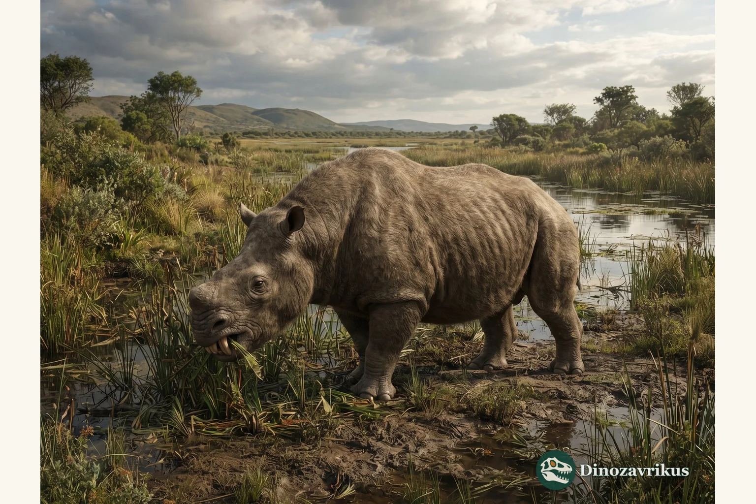 Toxodon reconstructed on a South American Pleistocene grassland near a watercourse