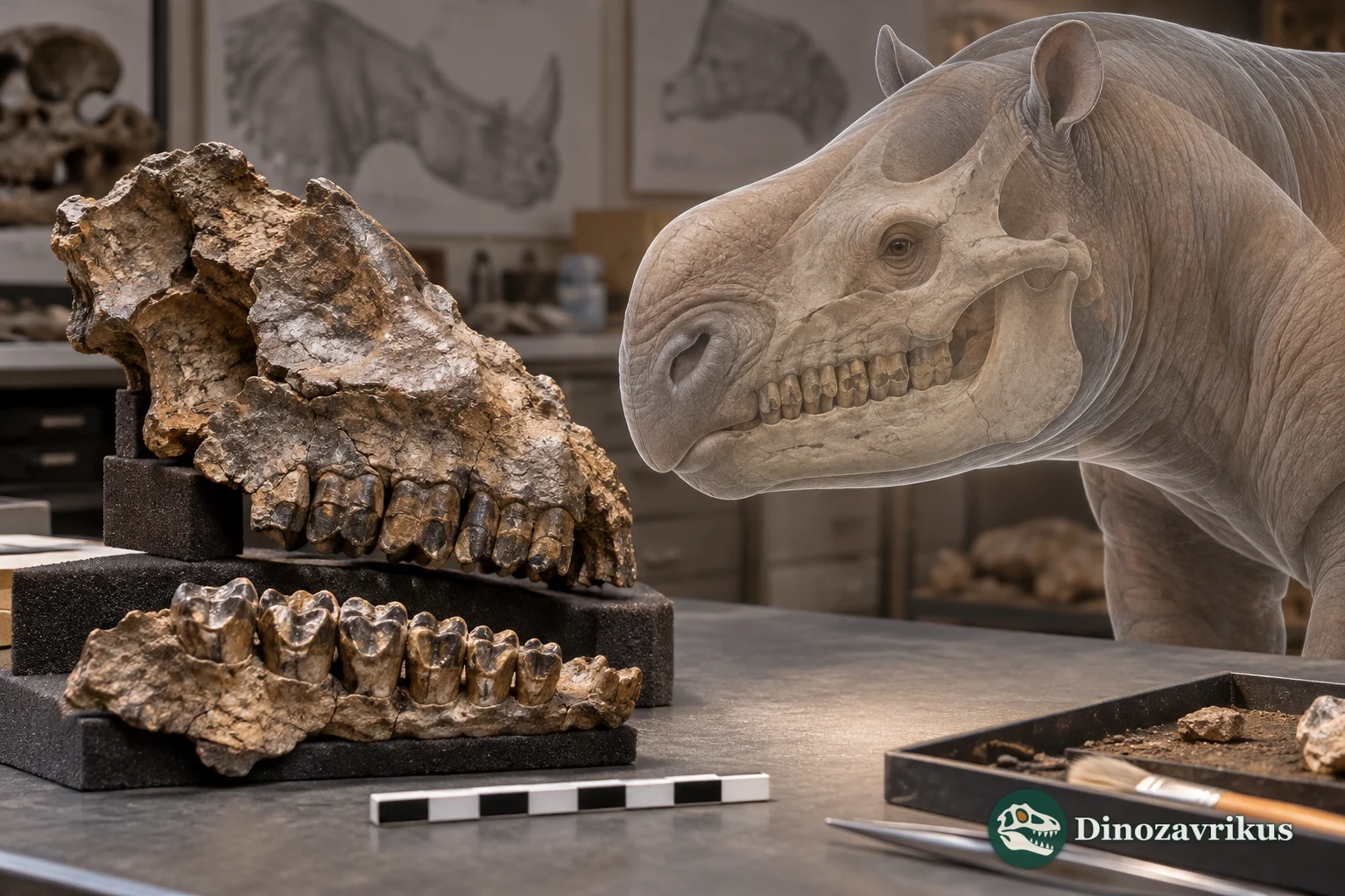 Illustrative comparison of a fossil mammal skull and a digital anatomical model