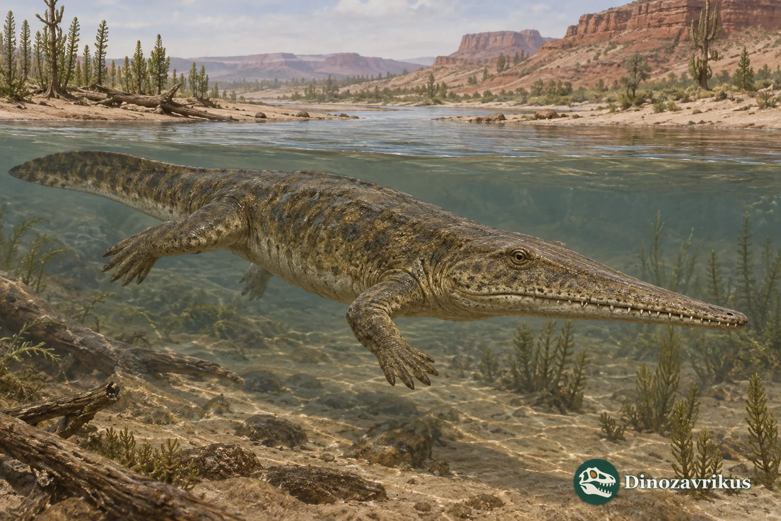 Trematosaurus brauni swimming in a shallow Early Triassic river in central Europe